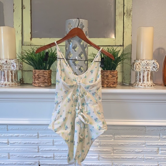 Tori Praver Ivory Scoop Neck Ditsy Floral Tie Back One Piece Swimsuit Size L - Picture 3 of 7